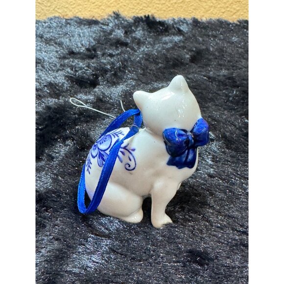 Ceramic Cat Figurine Ornament With Blue Floral Design & Ribbon - Picture 3 of 7